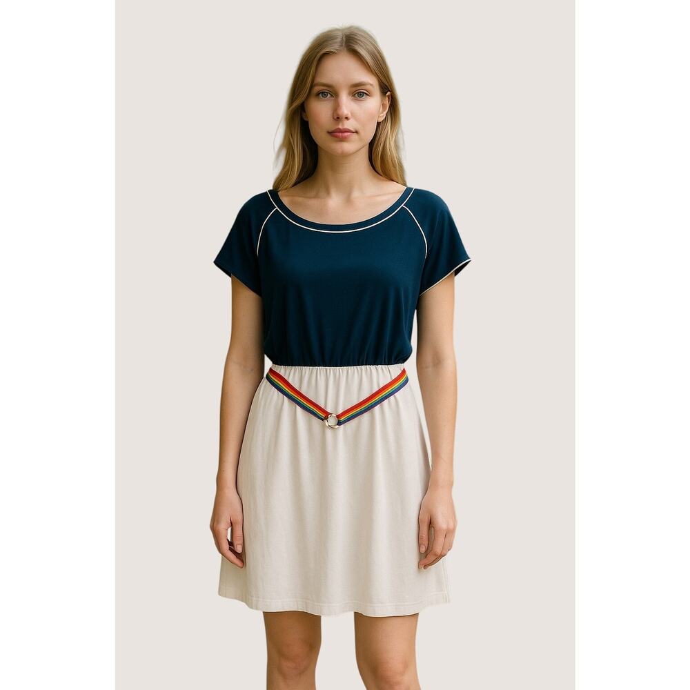 Vintage 70s Craig‎ Byron NY Shirt Dress Blue White Rainbow Belt Size Large